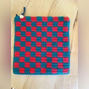 Clare V. Foldover Clutch with tabs in coral and green crochet checker.